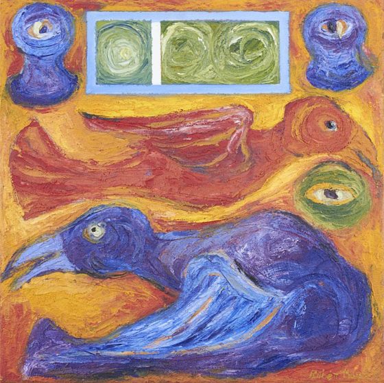 2017 - Rubén Maya, Pájaro rojo-violet, Mixta sobre tela, 50 x 50 cm
