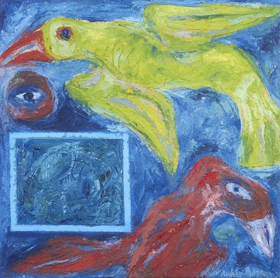 2017 - Rubén Maya, Pájaro verde de sol, Mixta sobre tela, 50 x 50 cm